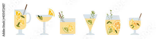 Fresh homemade lemonade, soda, mojito cocktail with lemon and mint. Summer tropic drink, cold citrus refreshing beverage in glass. Vector flat cartoon illustration. For logo, flyer, menu, sticker