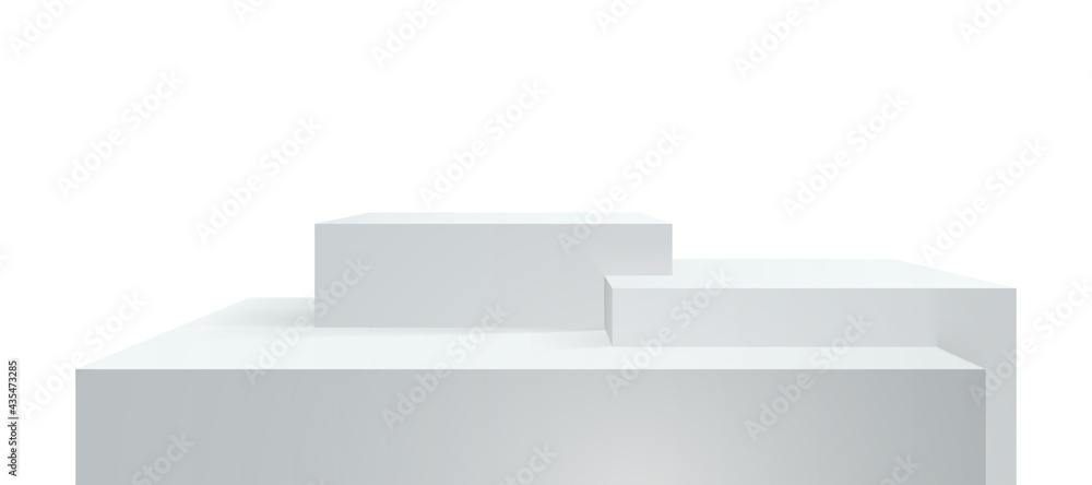 Podium, 3d platform or stage stand background, dais for product display. Vector realistic white square podiums or stage platforms, presentation block boxes - obrazy, fototapety, plakaty 