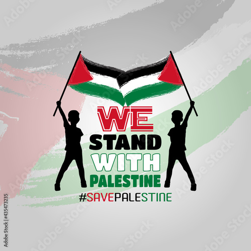 We Stand With Palestine Save Palestine A Boy Holding Palestine Flag On Hand Vector illustration For T Shirt, Social Media Banner Template photo