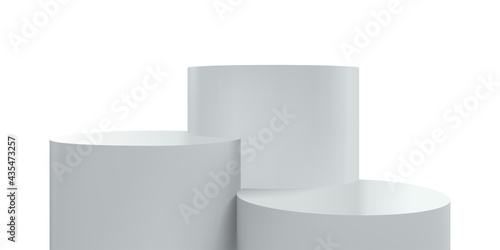 Podium platform or stage, vector 3d white stand, realistic product display background. Round dais pedestal or podium platform pillars for product display or presentation