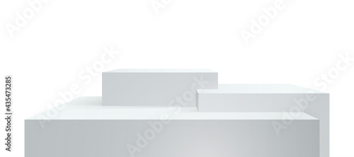 Podium, 3d platform or stage stand background, dais for product display. Vector realistic white square podiums or stage platforms, presentation block boxes photo