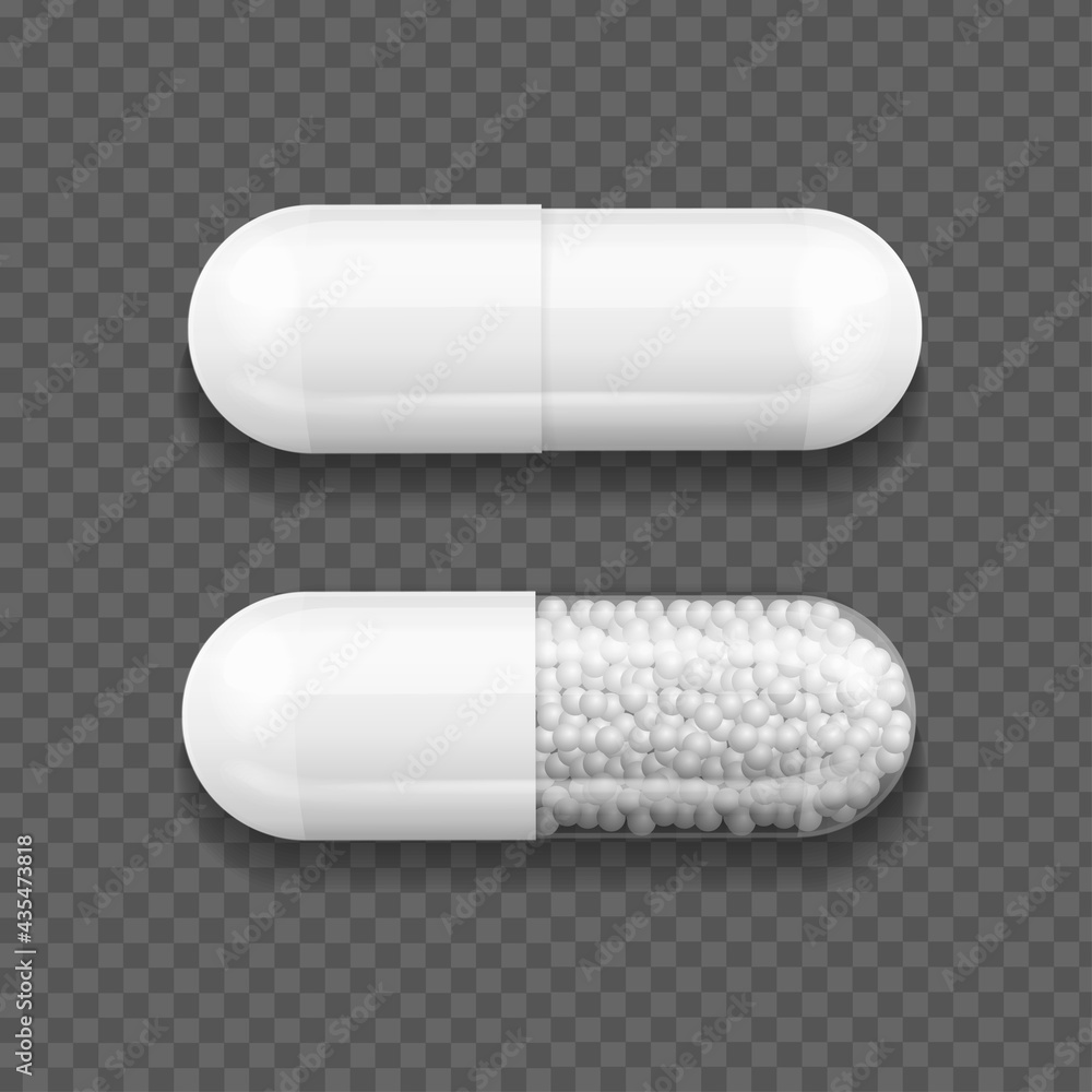 Realistic Detailed 3d Capsule Medical with Granules Set. Vector Realistic Detailed 3d Capsule Medical with Granules Set. Vector