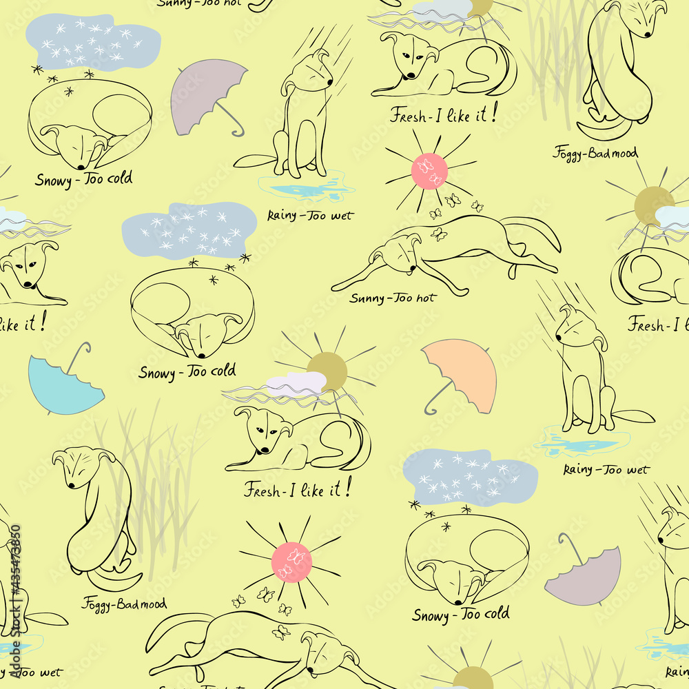 Obraz premium Vector seamless pattern Weather Forecast for Dogs, also use separately for spot illustrations. Sketches of a pooch in various moods depending on weather - sun, rain, fog, snow, and comfortable day.