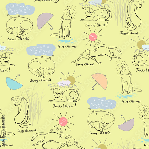 Vector seamless pattern Weather Forecast for Dogs, also use separately for spot illustrations. Sketches of a pooch in various moods depending on weather - sun, rain, fog, snow, and comfortable day.