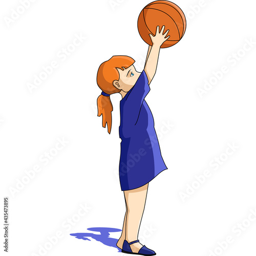 ginger girl in a blue dress with a basketball ball on a white background