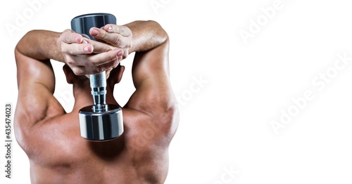 Composition of muscular man exercising with dumbbells on white background