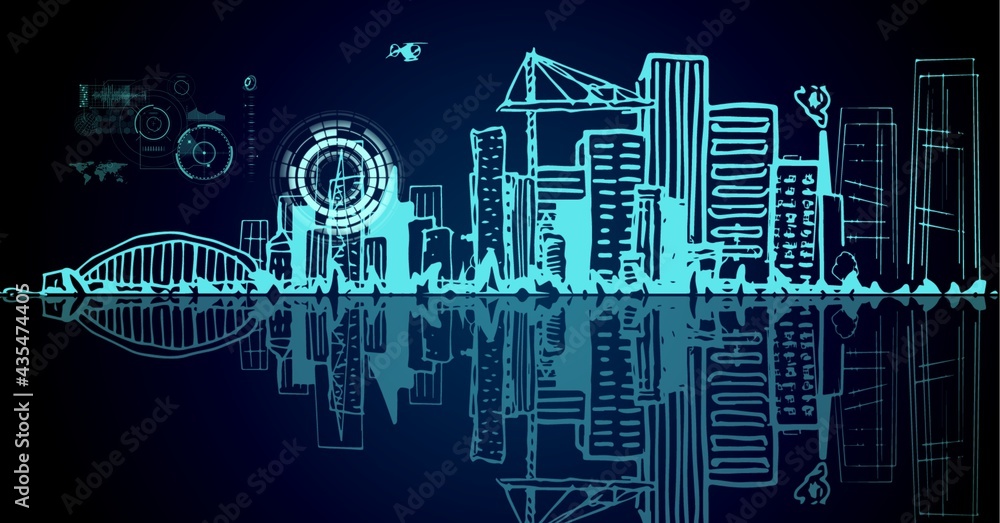 Composition of network of icons and scope over blue drawing of cityscape