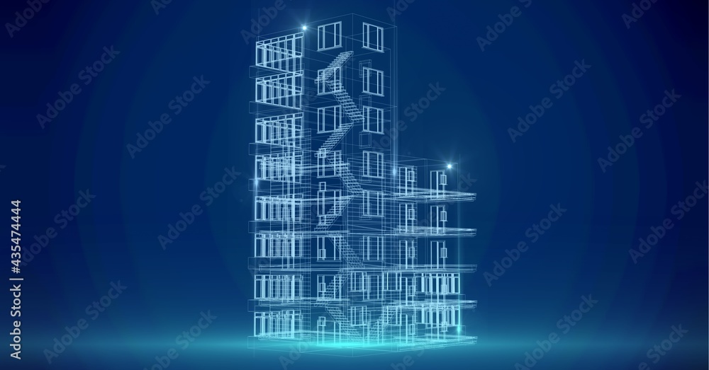 Composition of network of light trails over drawing of modern building on blue background