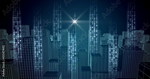Composition of binary coding processing over cityscape at night © vectorfusionart