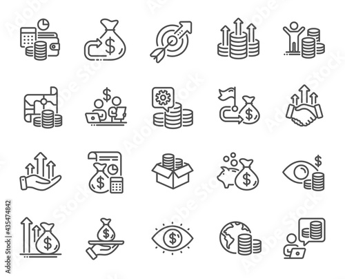 Finance line icons. Accounting coins, Budget Investment, Trade Strategy icons. Finance management, Budget gain and Business asset. Money economy, Loan in dollars and Treasure map. Vector photo