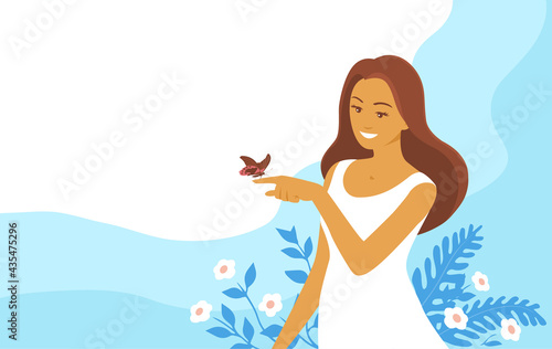 Beautiful girl with a butterfly on a background of flowers and plants. White dress. A happy smile on his face. Cartoon illustration about beauty and care for nature.