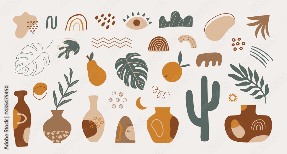 Modern set of hand drawn various shapes, tropical elements and doodle objects. Abstract contemporary trendy vector design in boho style