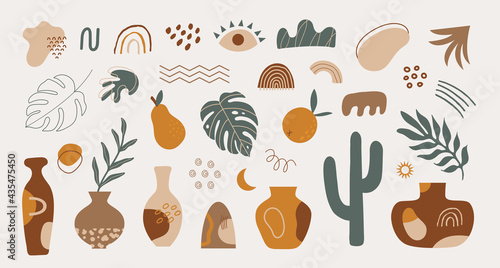 Modern set of hand drawn various shapes, tropical elements and doodle objects. Abstract contemporary trendy vector design in boho style