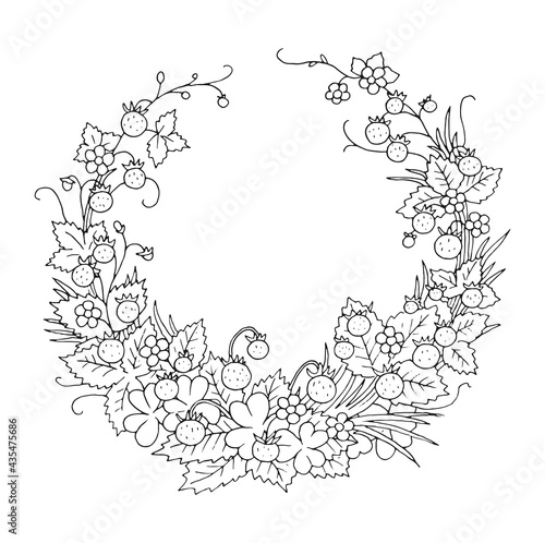 Summer wild strawberry floral nostalgic elegant romantic old fashioned wreath contour coloring page