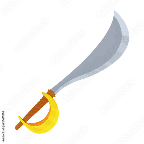 Medieval curved sword, saber pirates weapon in cartoon style isolated on white background. Handle antique equipment. Ui asset