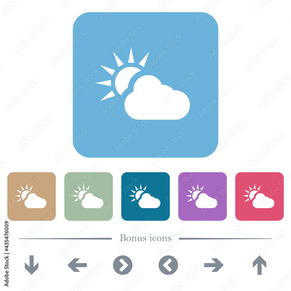 Cloudy weather flat icons on color rounded square backgrounds