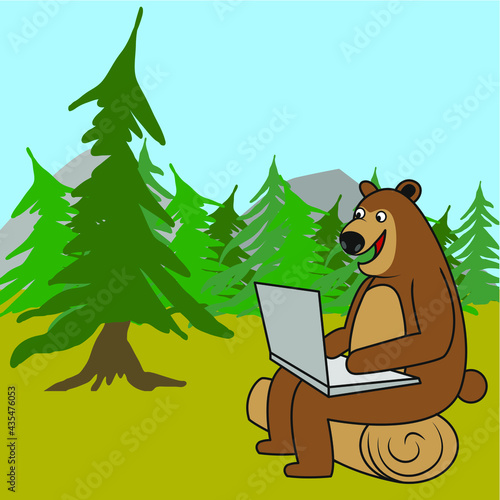 funny brown bear with laptop computer cartoon forest mountains trees Grizzly Bear Technology Animal Funny Camping Vector Illustration 