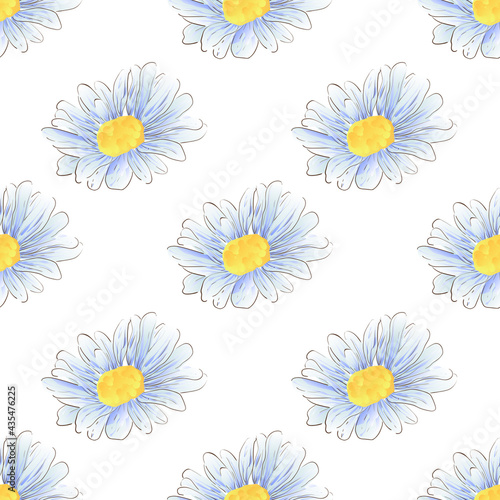 Seamless pattern Blue wildflowers. Chamomile. Floral pastel watercolor style. Spring bouquet. Perfect for postcards  wedding invitations  event banners  packaging. EPS10
