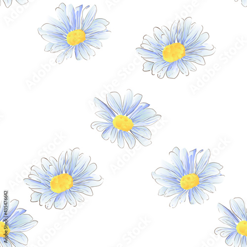 Seamless pattern Blue wildflowers. Chamomile. Floral pastel watercolor style. Spring bouquet. Perfect for postcards, wedding invitations, event banners, packaging. EPS10 © Азиза Сейфутдинова