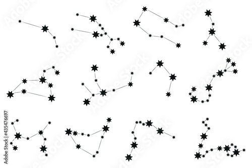Zodiac horoscope star signs vector illustrations. Set of 12 Constellations. Centaurus, Phoenix, Cygnus, Getus, Cepheus, Ursa Minor, Ursa Major, Monoceros, Lepus, Pegasus, Cassiopeia, Draco, Chamaeleon