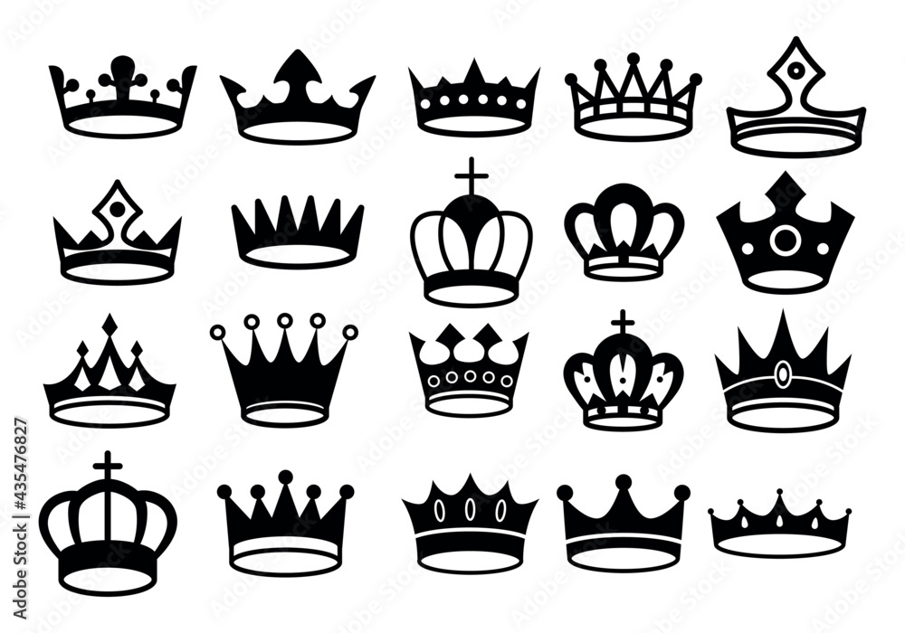 Crown icons. Queen king crowns luxury royal crowning princess tiara heraldic winner award jewel royalty monarch black flat silhouette, vector set.
Crown icons. Queen king crowns luxury royal crowning princess tiara heraldic winner award jewel royalty monarch black flat silhouette, vector set.