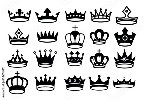 Crown icons. Queen king crowns luxury royal crowning princess tiara heraldic winner award jewel royalty monarch black flat silhouette, vector set.
 photo