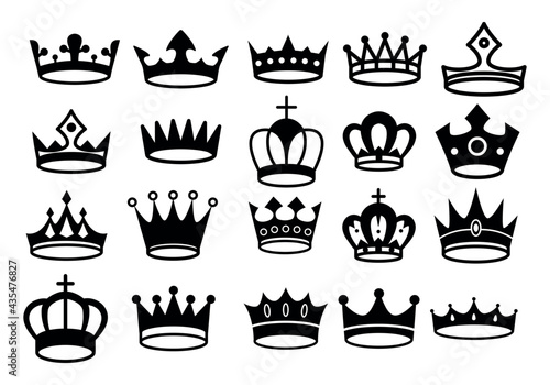 Crown icons. Queen king crowns luxury royal crowning princess tiara heraldic winner award jewel royalty monarch black flat silhouette, vector set.
