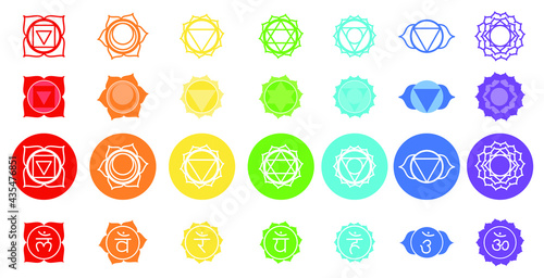 Vector symbol set of chakras. Solid character illustration of Hinduism and Buddhism. Color yoga chakra icons isolated on white. For design, associated with yoga and India.
