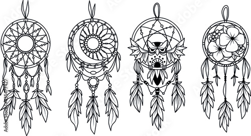 Dream catcher with feathers in color style vector illustration drawing.
