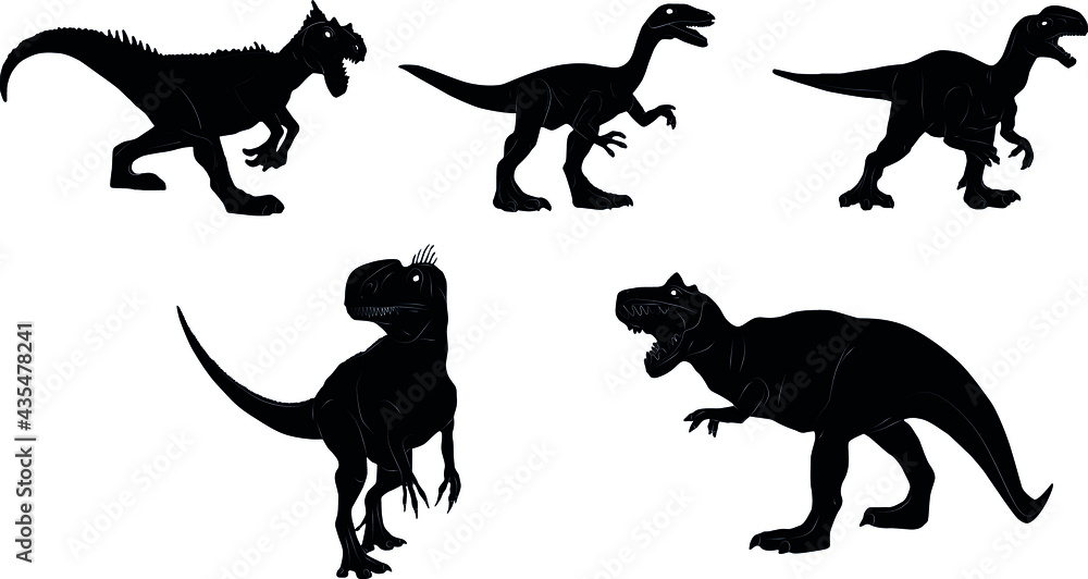 Dinosaur silhouette. Icon Jurassic Monsters T-rex Stegosaurus Triceratops Pterodactyl Spinosaurus Apatosaurus Allosaurus Carnotaurus Ankylosaurus Velociraptor. Vector group set of dino silhouettes.
