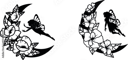 Set of ethnic crescent moon with fantastic creatures. Collection of moon with mandala. Design for drawing with henna. Vector illustration of a cosmic body with fairy-tale characters.
