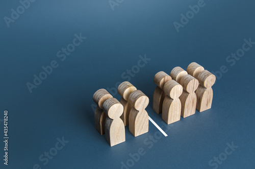 Four out of ten people separated by a line. Visualization of statistical data. 40% of 100%. Polls test results. Equality in numbers. Dividing people into two groups on different issues.