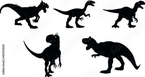 Fototapeta Naklejka Na Ścianę i Meble -  Dinosaur silhouette. Icon Jurassic Monsters T-rex Stegosaurus Triceratops Pterodactyl Spinosaurus Apatosaurus Allosaurus Carnotaurus Ankylosaurus Velociraptor. Vector group set of dino silhouettes.
