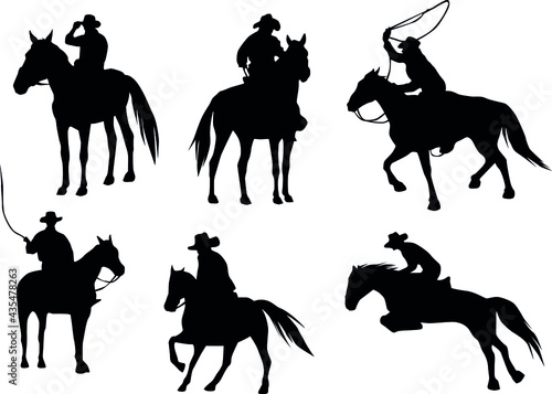 Set of cowboys .Collection of silhouettes of a man on a horse with lasso. Set of themed clothes and accessories for a wild western.Vector illustration on a white background. 