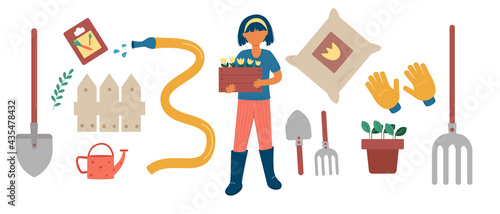 A set of garden tools  shovel  rake  pruner  etc. People are working in the garden. Vector illustration in a flat style
