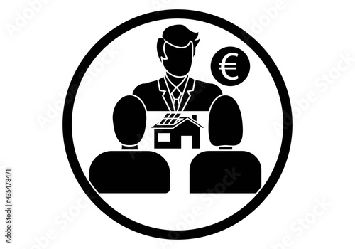 Icono de pareja solicitando una hipoteca para la compra de su primera vivienda al empleado del banco