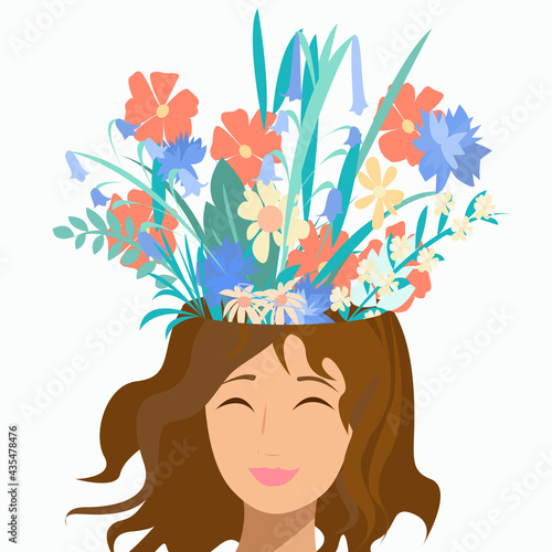Psychological health girl and flowers from the head.