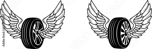 Wheel with wing, racing symbol or tattoo, speedway racing club, car and motorcycle rally races icon. Sport car championship and bike racing speedway cup tournament wheel with feather wing
