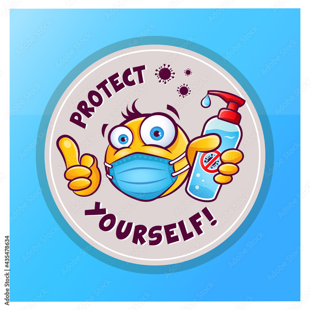 Emoji with medical mask over mouth showing hand antiseptic or sanitizer. Round vector sticker icon with emoticon and inscription 