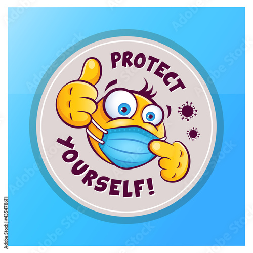 Emoticon emoji with medical mask over mouth showing thumb up. Vector sticker icon with emoji and inscription protect yourself isolated on blue background.
