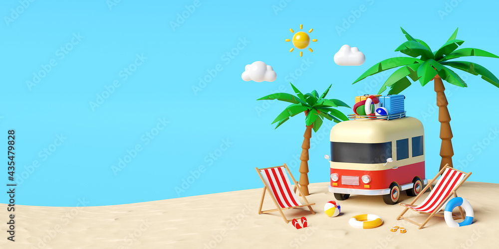 Obraz premium Summer vacation concept, Travel to the beach by van carrying travel accessories under palm tree with beach chair, 3d illustration