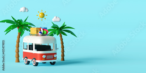 Summer vacation concept, Travel to the beach by van carrying travel accessories under palm tree on blue background, 3d illustration