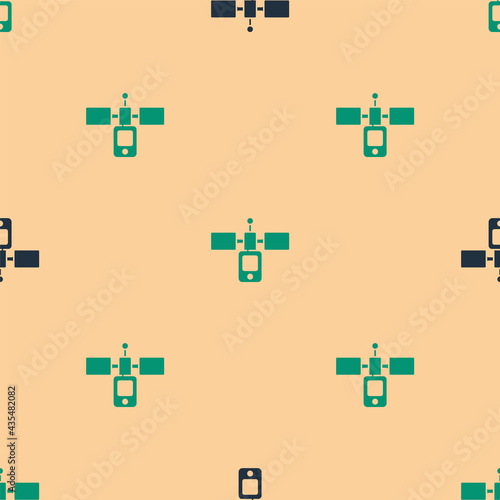 Green and black Satellite icon isolated seamless pattern on beige background. Vector