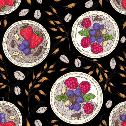 Granola , muesli seamless pattern . Oat flakes and breakfast bowl hand drawn. Granola Breakfast. Muesli food menu design. Hand drawn vector illustration. Granola design, porridge for breakfast