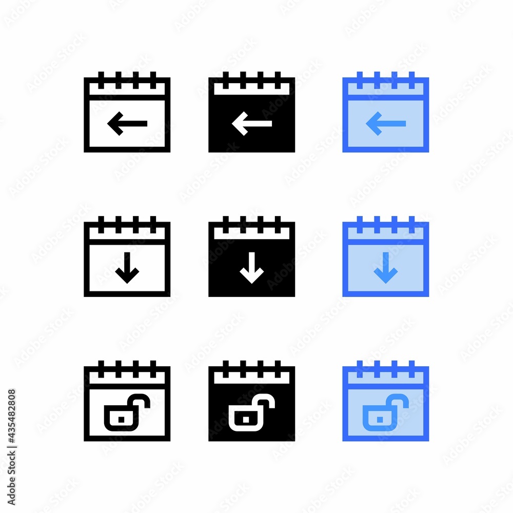 back event icon with three style time and date sign symbols and event reminder, Calendar icons set back event icon with three style time and date sign symbols and event reminder, Calendar icons set