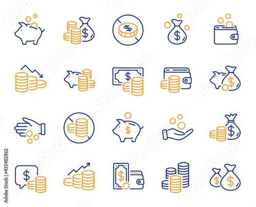 Coins line icons. Cash money, Donation coins, Give tips icons. Piggy bank, Business income and Loan. Money savings, give coin, cash tips. Investment profit, growth chart, financial crisis. Vector