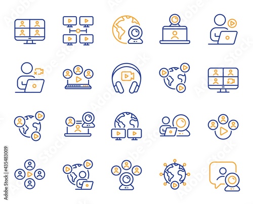 Online meeting line icons. Virtual presentation, Video conference, Live chat icons. Team video, Digital training, Online presentation. Live webinar, Remote team conference, Virtual study. Vector