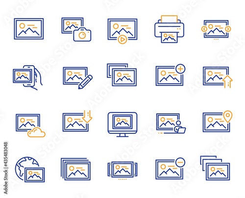 Photo line icons. Print image, Photo camera, Upload picture icons. Edit image, Play presentation and photo printer. Download picture, Gallery carousel, placeholder pic. View portfolio. Vector