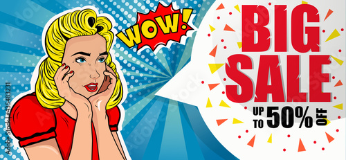 Sale up to 50% off. Discounts. Girl in retro style. Red dress. Pop Art. Blonde. Beautiful banner.Vector. Invitation. Shopping center. Blue background
