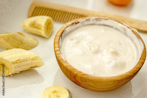 Natural homemade hair mask with banana, close-up